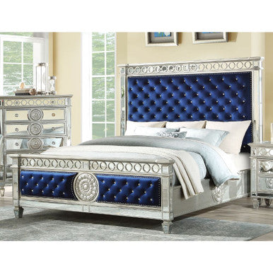 ACME 26147EK Varian Eastern King Bed, Blue Velvet & Mirrored (1Set/3Ctn) ACME Furniture