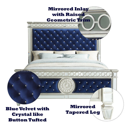 ACME 26150Q Varian Queen Bed, Blue Velvet & Mirrored (1Set/3Ctn)  1