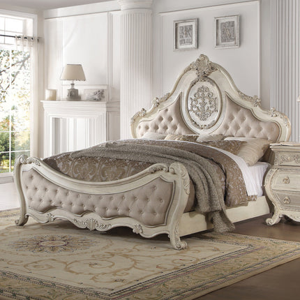 ACME 27010Q Ragenardus Queen Bed, Beige Linen & Antique White (1Set/3Ctn)