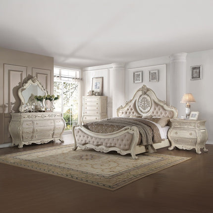 ACME 27010Q Ragenardus Queen Bed, Beige Linen & Antique White (1Set/3Ctn)