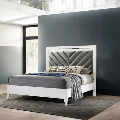 ACME 27390Q Chelsie Queen Bed Gray Fabric & White Finish(1Set/2Ctn) ACME Furniture