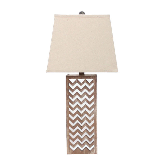 28" Distressed Natural And Silver Metal Bedside Lamp With Beige Cone Shade HomeRoots