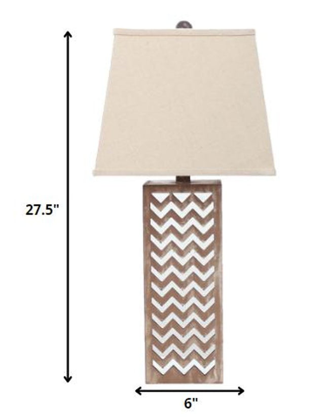28" Distressed Natural And Silver Metal Bedside Lamp With Beige Cone Shade HomeRoots