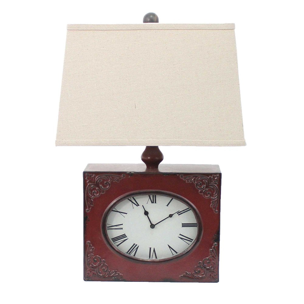 22" Distressed Red Metal Bedside Lamp With Beige Shade