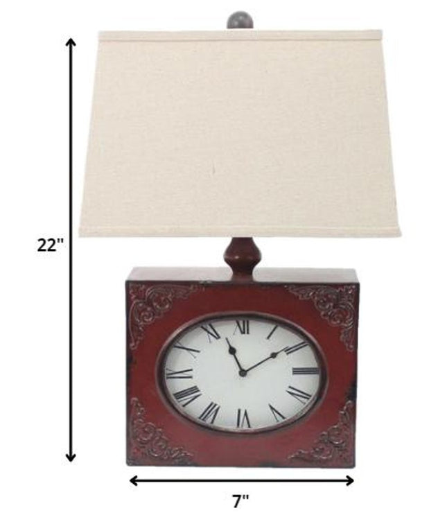 22" Distressed Red Metal Bedside Lamp With Beige Shade HomeRoots