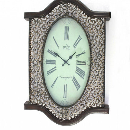 20" Oval Antiqued Bronze Wood and Glass Analog Wall Clock HomeRoots