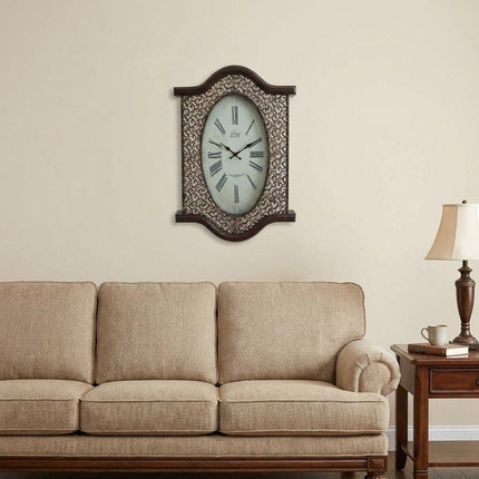 20" Oval Antiqued Bronze Wood and Glass Analog Wall Clock HomeRoots
