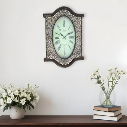 20" Oval Antiqued Bronze Wood and Glass Analog Wall Clock HomeRoots