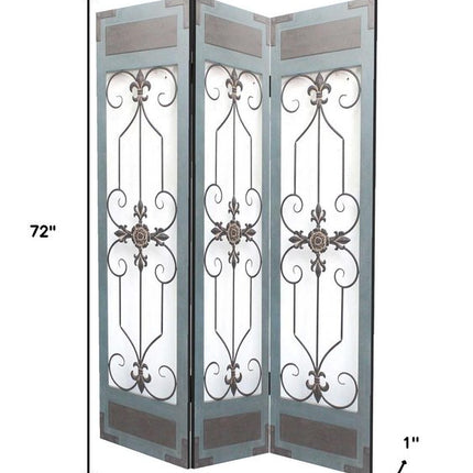 72" Blue Metal Folding Three Panel Screen Room Divider HomeRoots