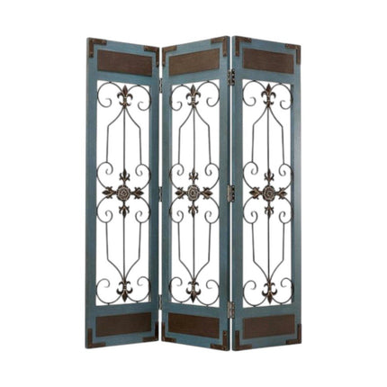 72" Blue Metal Folding Three Panel Screen Room Divider HomeRoots