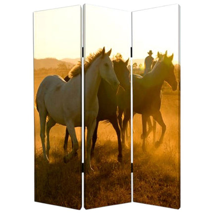 72" Brown and Black Canvas Folding Three Panel Screen Room Divider HomeRoots