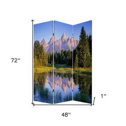 72" Blue And Green Canvas Folding Three Panel Screen Room Divider HomeRoots