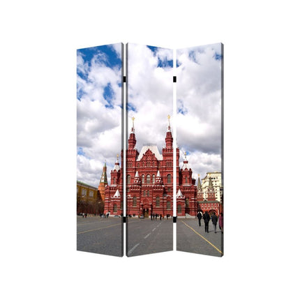 72" Red Blue And Ivory Canvas Folding Three Panel Screen Room Divider HomeRoots