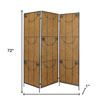 72" Brown Iron Folding Three Panel Screen Room Divider HomeRoots