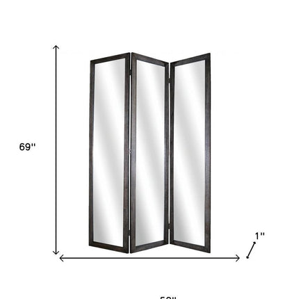 69" Black Wood and Mirrored Glass Folding Three Panel Screen Room Divider HomeRoots