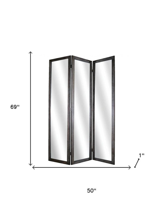 69" Black Wood and Mirrored Glass Folding Three Panel Screen Room Divider HomeRoots