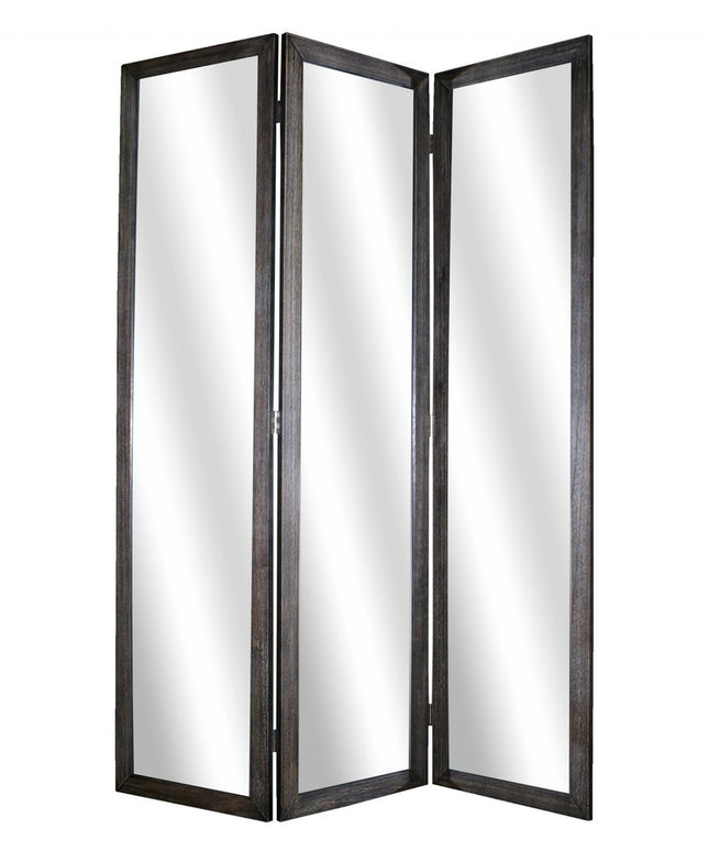 69" Black Wood and Mirrored Glass Folding Three Panel Screen Room Divider HomeRoots