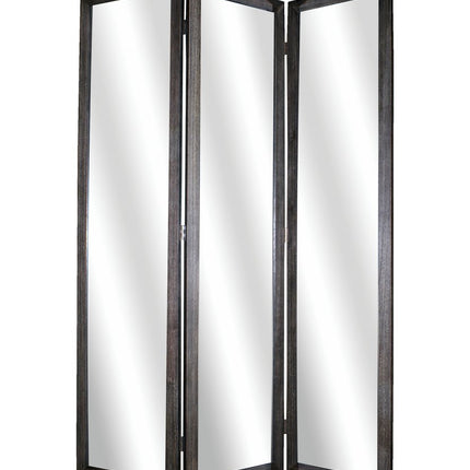 69" Black Wood and Mirrored Glass Folding Three Panel Screen Room Divider HomeRoots