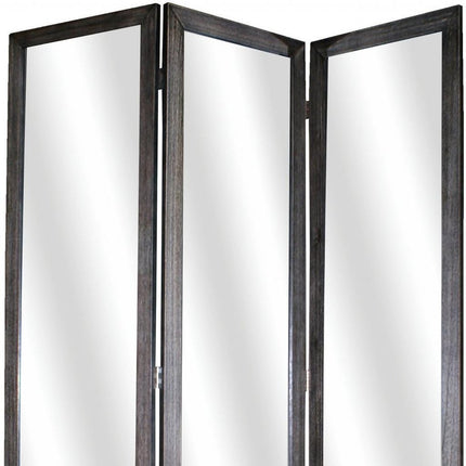 69" Black Wood and Mirrored Glass Folding Three Panel Screen Room Divider HomeRoots