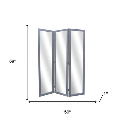 69" Black Wood and Mirrored Glass Folding Three Panel Screen Room Divider HomeRoots
