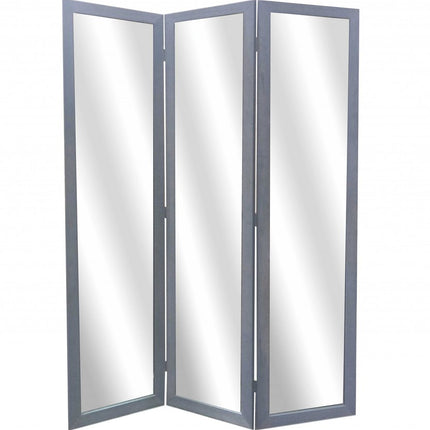 69" Black Wood and Mirrored Glass Folding Three Panel Screen Room Divider HomeRoots