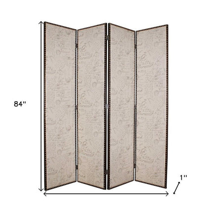 84" Beige Fabric Folding Four Panel Screen Room Divider HomeRoots