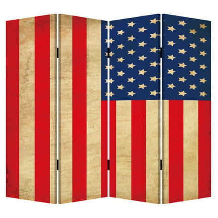 84" Red Natural And Blue American Flag Reversible Canvas Folding Four Panel Room Divider HomeRoots