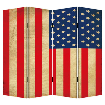 84" Red Natural And Blue American Flag Reversible Canvas Folding Four Panel Room Divider HomeRoots