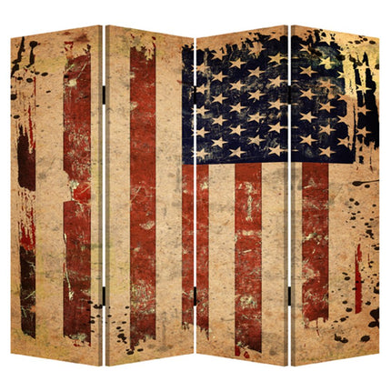 84" Red Natural And Blue American Flag Reversible Canvas Folding Four Panel Room Divider HomeRoots