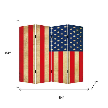 84" Red Natural And Blue American Flag Reversible Canvas Folding Four Panel Room Divider HomeRoots