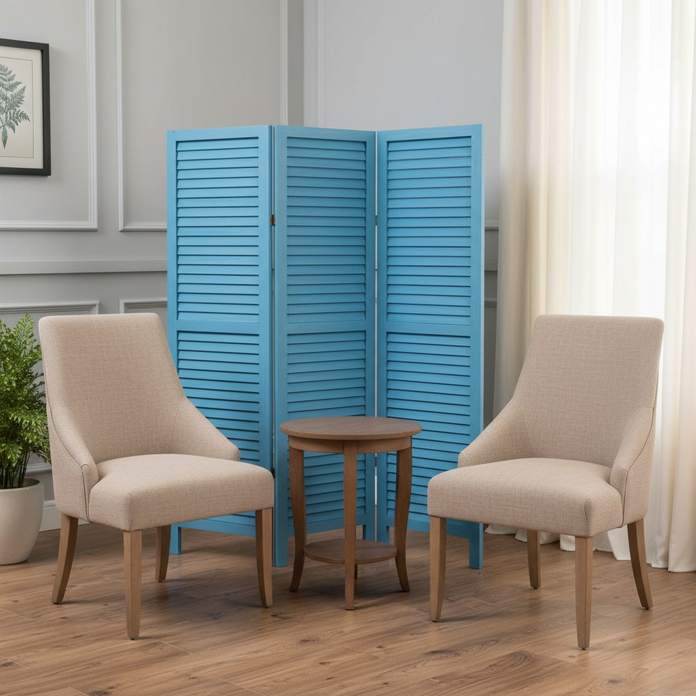 Blue Finish Wood Shutter 3 Panel Room Divider Screen