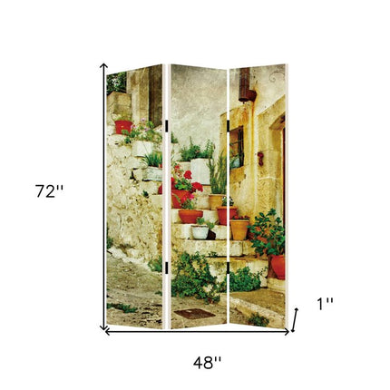 72" Beige Canvas Folding Three Panel Screen Room Divider HomeRoots