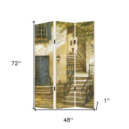 72" Beige Canvas Folding Three Panel Screen Room Divider HomeRoots