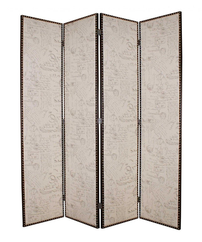 84" Tan Fabric Folding Four Panel Screen Room Divider HomeRoots