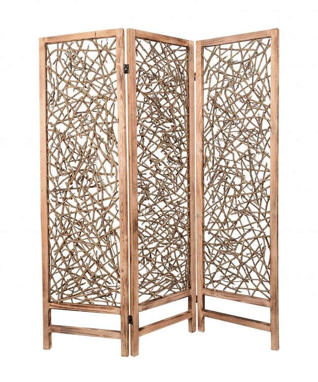69" Brown Wood Folding Three Panel Screen Room Divider HomeRoots
