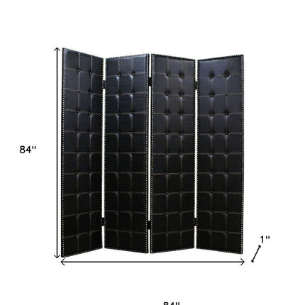 84" Black Faux Leather Folding Four Panel Screen Room Divider HomeRoots