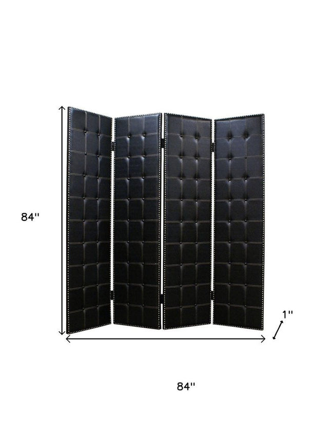 84" Black Faux Leather Folding Four Panel Screen Room Divider HomeRoots