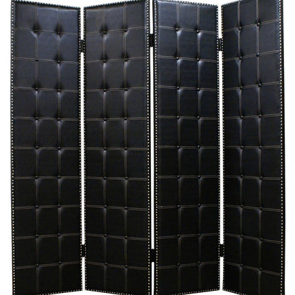84" Black Faux Leather Folding Four Panel Screen Room Divider HomeRoots