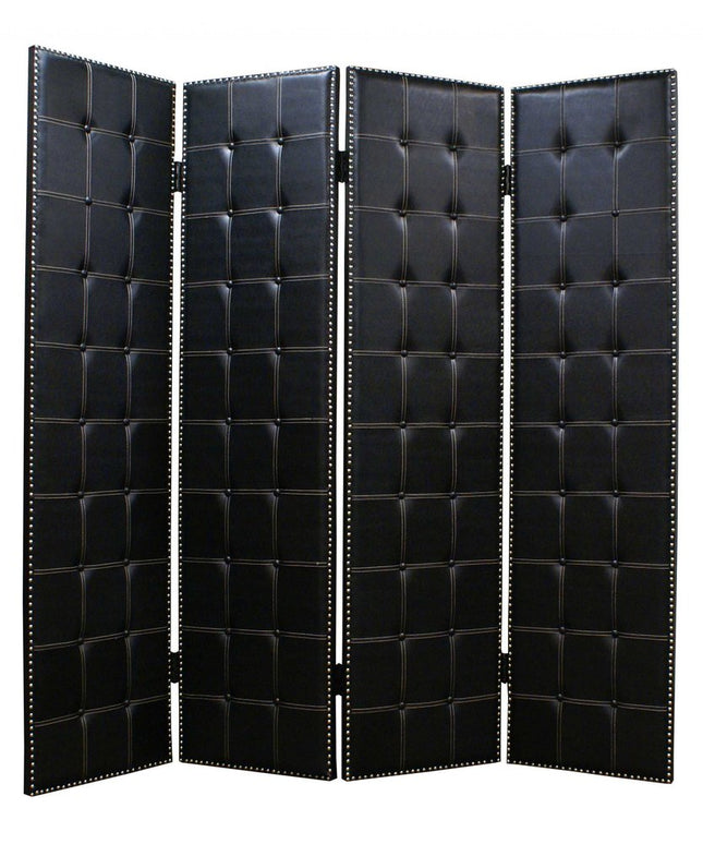84" Black Faux Leather Folding Four Panel Screen Room Divider HomeRoots