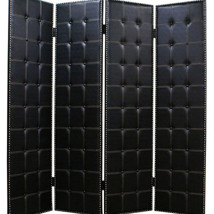 84" Black Faux Leather Folding Four Panel Screen Room Divider