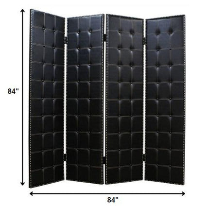 84" Black Faux Leather Folding Four Panel Screen Room Divider