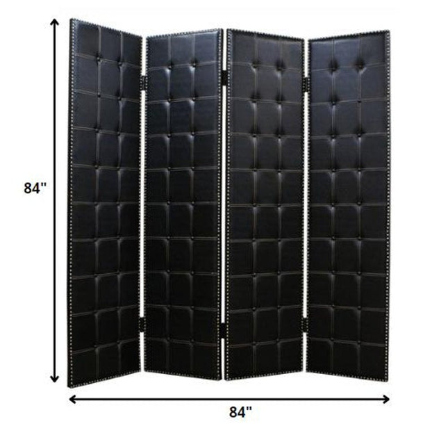 84" Black Faux Leather Folding Four Panel Screen Room Divider HomeRoots