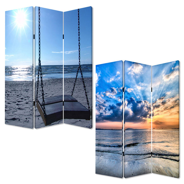 72" Blue Canvas Folding Three Panel Screen Room Divider HomeRoots