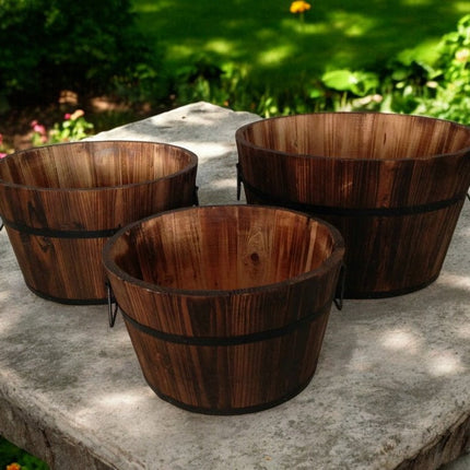 Set of Three Natural Wood Indoor Outdoor Round Pot Planters HomeRoots