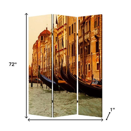 72" Brown Canvas Folding Three Panel Screen Room Divider HomeRoots