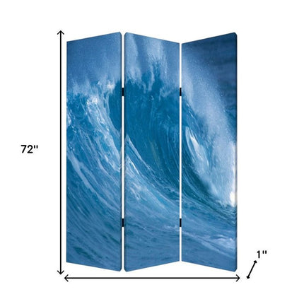 72" Blue And White Canvas Folding Three Panel Screen Room Divider HomeRoots