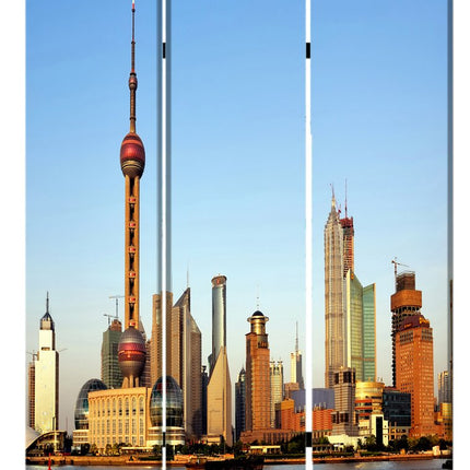 72" Blue Reversible China Cityscape Canvas Folding Three Panel Screen Room Divider HomeRoots