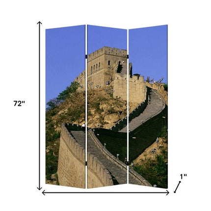 72" Blue Reversible China Cityscape Canvas Folding Three Panel Screen Room Divider HomeRoots