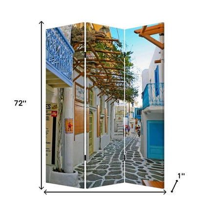72" Blue And White Canvas Folding Three Panel Screen Room Divider HomeRoots