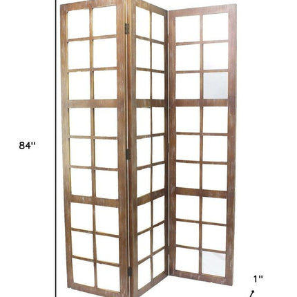 84" Brown Glass Folding Three Panel Screen Room Divider HomeRoots